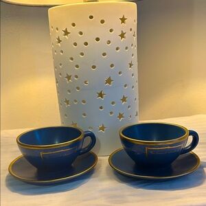 DaySpring Scripture Verse Tea Cup and saucer. Verse- Acts 3:19 KJV Blue & Gold